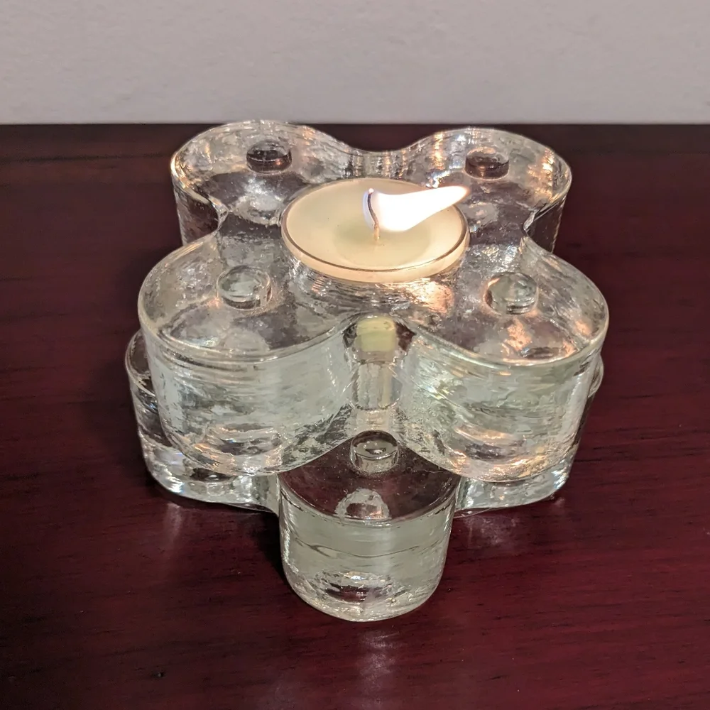 Pier One Candlestick Holders Light Pair Heavy Glass Vintage 90s Stacked Clear